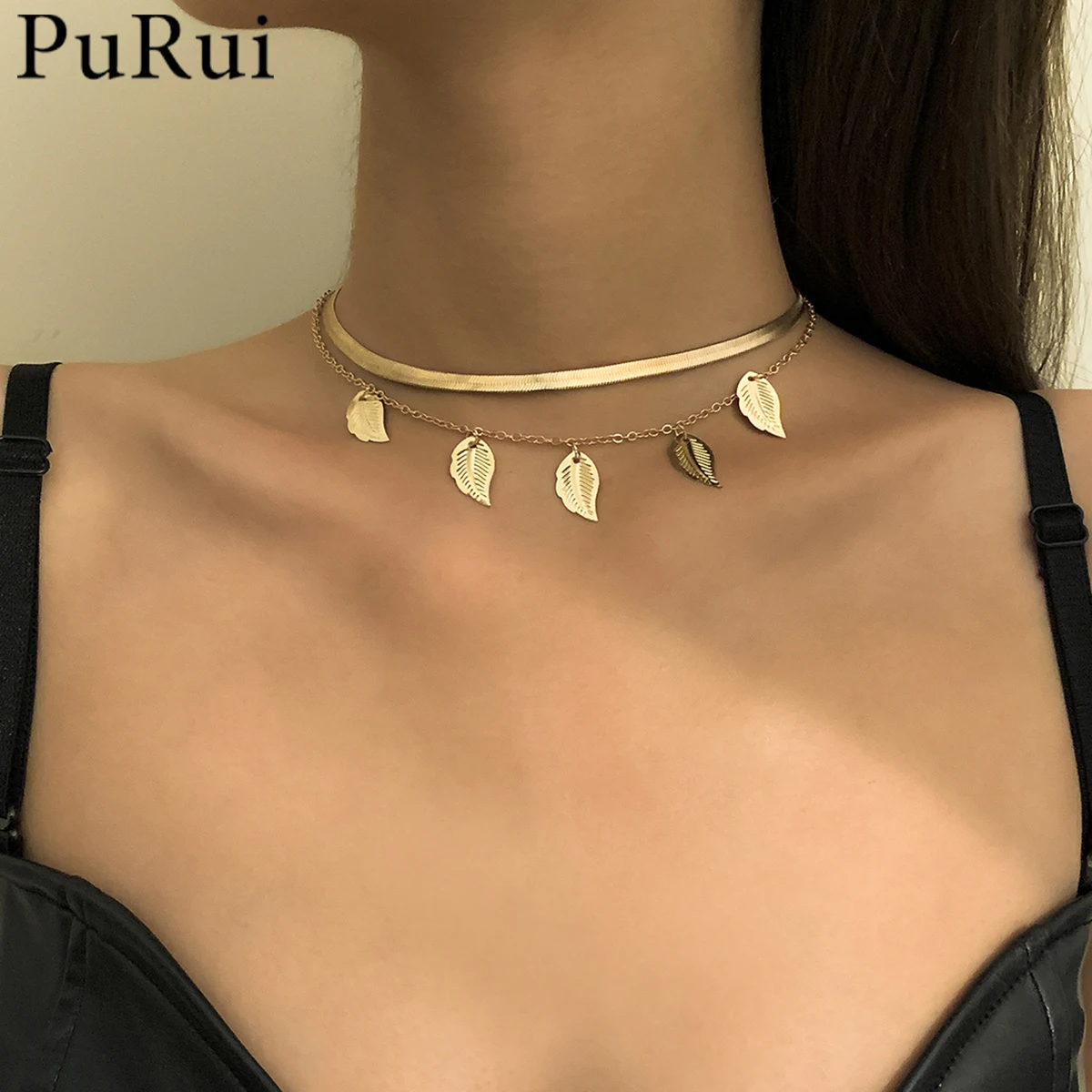 

Boho Layered Choker Necklaces Handmade Tree Leaf Pendant Necklace Multilayer Adjustable Layering Snake Chain Gold Color Necklace