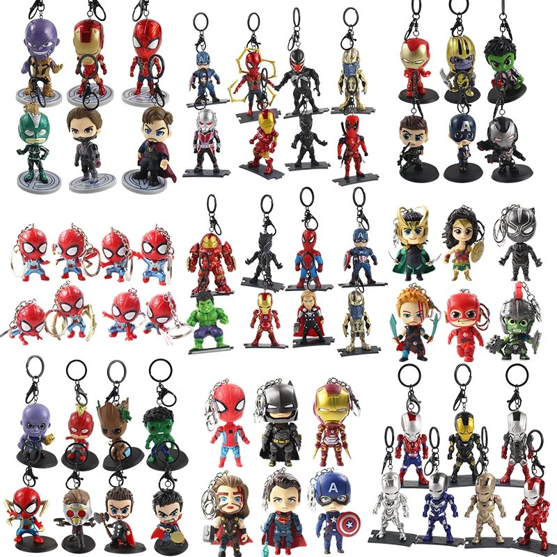 

7-11cm Avengers Q Version Figure Toys Keychains Spiderman Loki Black Panther Captain America Thor Hulk PVC Superhero Pendants