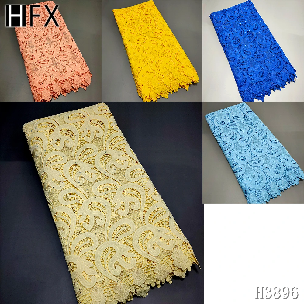 

HFX High Quality blue French Net Lace Fabric Latest African Nigerian Guipure Lace Fabric With Stone 5 Yard For Women Dress H3896