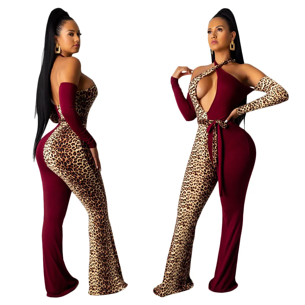 GL Autumn Women Winter Jumpsuit Halter Sashes Leopard Print Bandage Bodycon Sexy Night Club Romper Party Playsuit outfits A8192 |