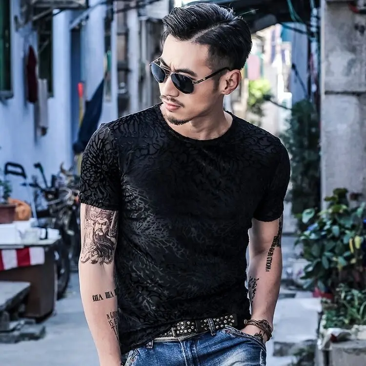 

2021 new summer ice silk short-sleeved T-shirt men's round neck trendy men's all-match water printing hollow breathable short-sl