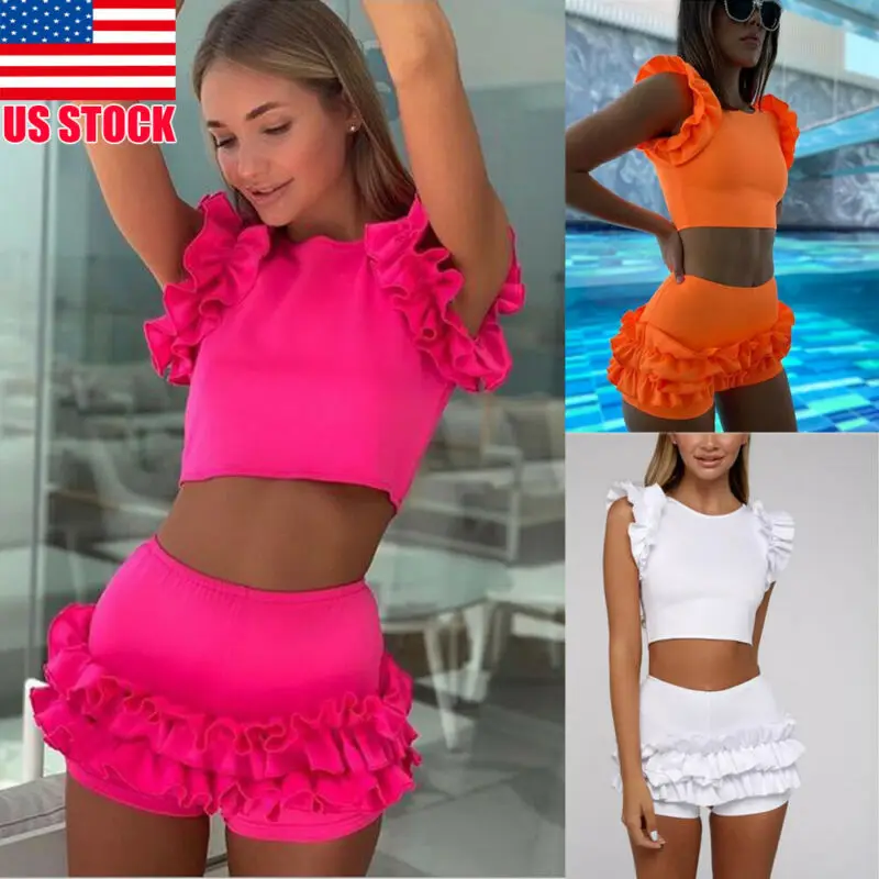 Женский купальник с оборками на рукавах круглый вырез однотонные мягкие