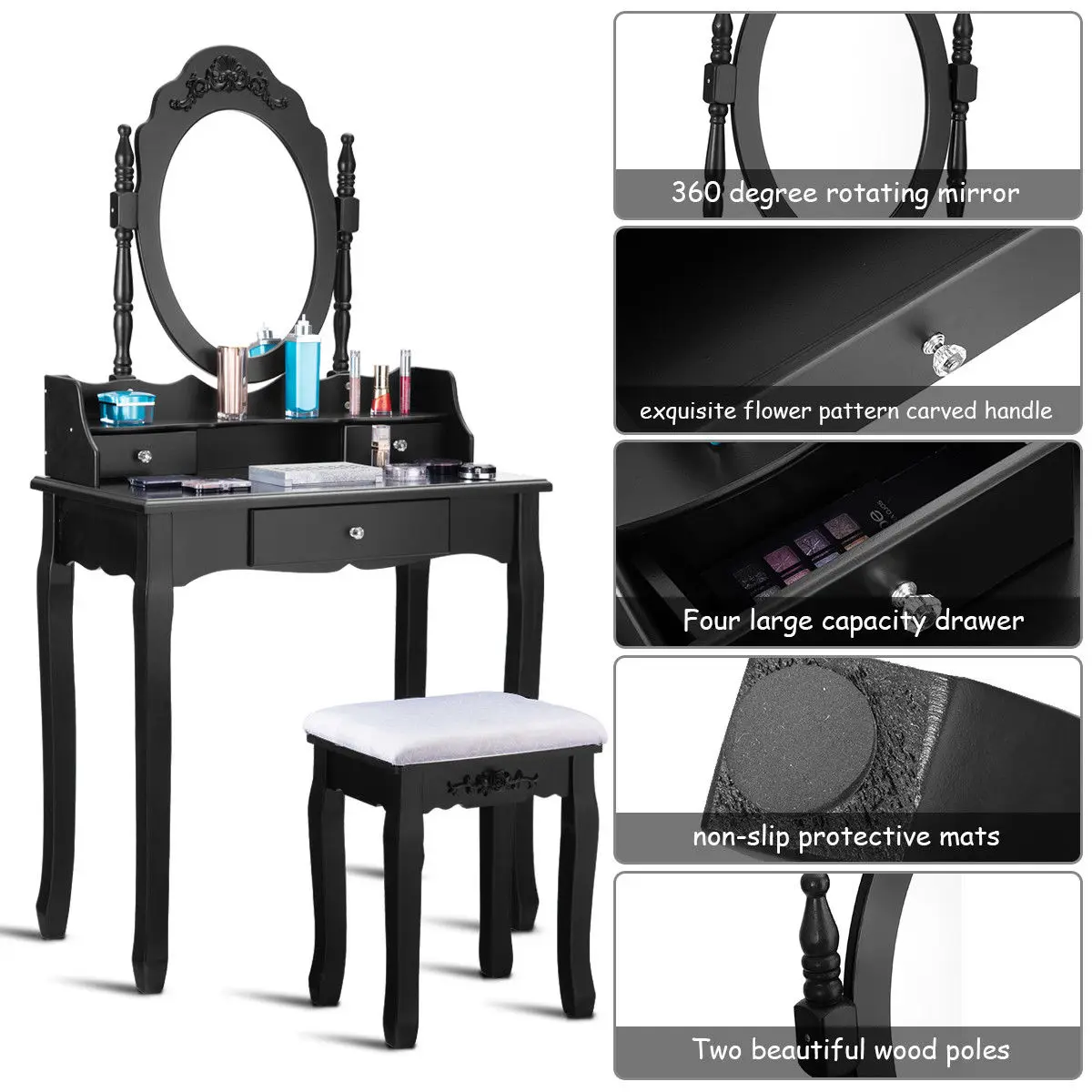 

Costway Vanity Makeup Dressing Table Stool Jewelry Desk Black