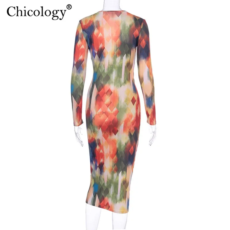 Chicology geometric print longs leeve v neck midi dress women sexy streetwear outfit 219 autumn winter party club casual clothes | Женская