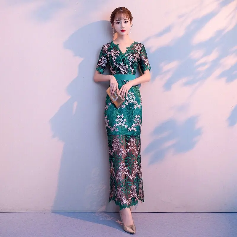 

Evening Dress Fashion Embroidery Short Sleeves V-Neck Mermaid Zipper Back Ankle-length Plus size Women Formal Party Gown C698