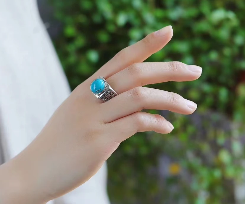 Естественный бирюзово-зеленый кристалл регулируемое женское кольцо серебро 925