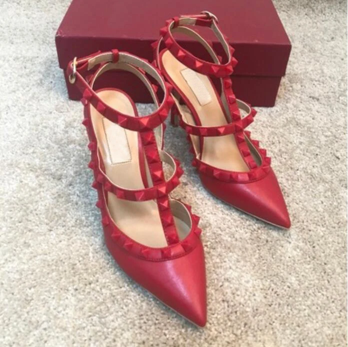 all red matte Лидер продаж; дизайнерские сандалии с заклепками на высоком каблуке с острым носком и 2 ремешками; лакированная кожа; женская обувь; обувь на высоком каблуке на День святого Валентина - Цвет: all red matte