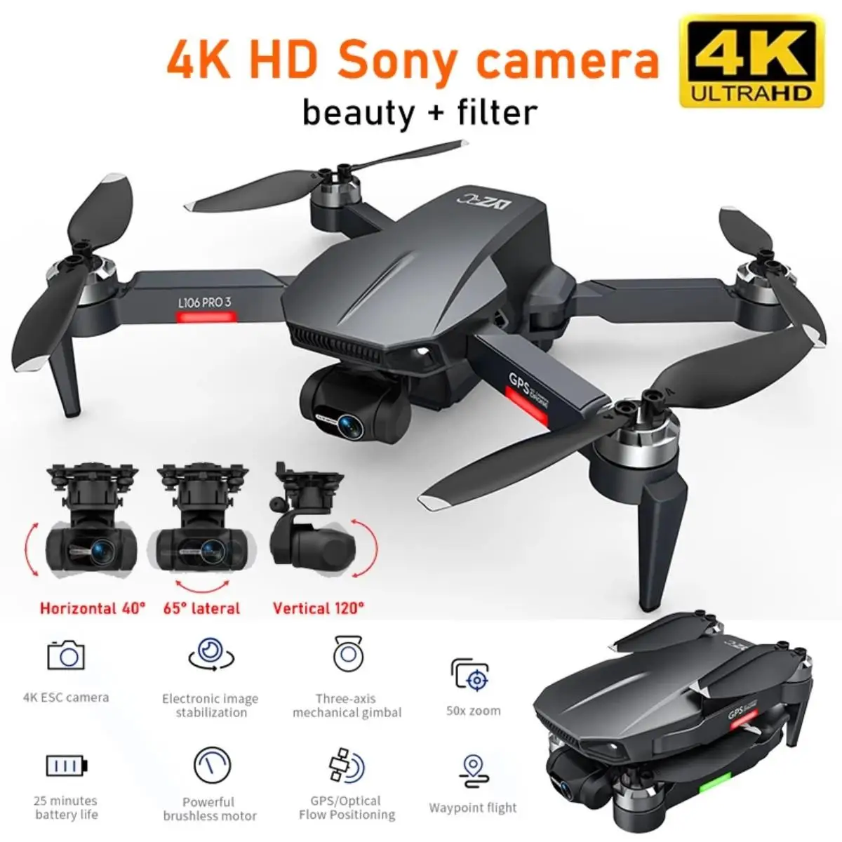 

Квадрокоптер L106 PRO3 3-осевой карданный, 4K, GPS, 1,2 км