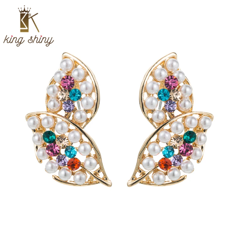 Серьги-гвоздики в форме листа с искусственным жемчугом и кристаллами | Украшения