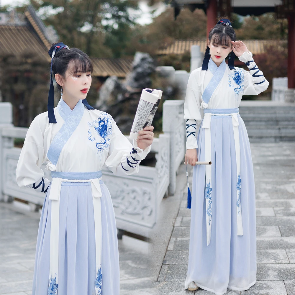Повседневный костюм ханьфу с улучшенным воротником и двойной юбкой в стиле РФ