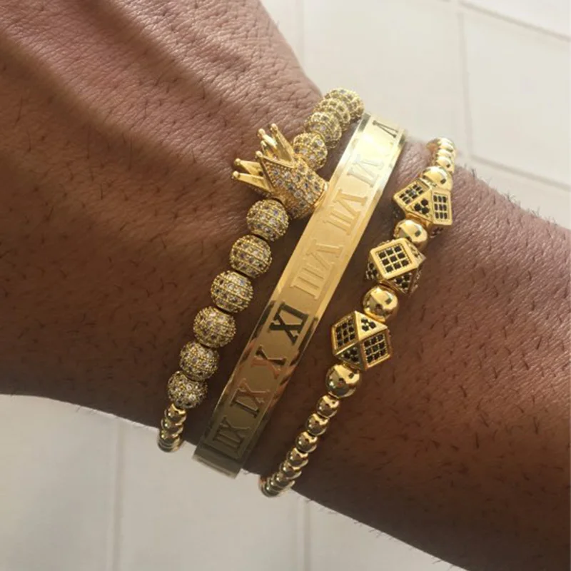 

4pcs/Set Luxury Copper Beads King Crown Polygon Bracelet Bangle Sets 6mm CZ Ball Braiding Macrame Bracelet for Women Men Jewelry