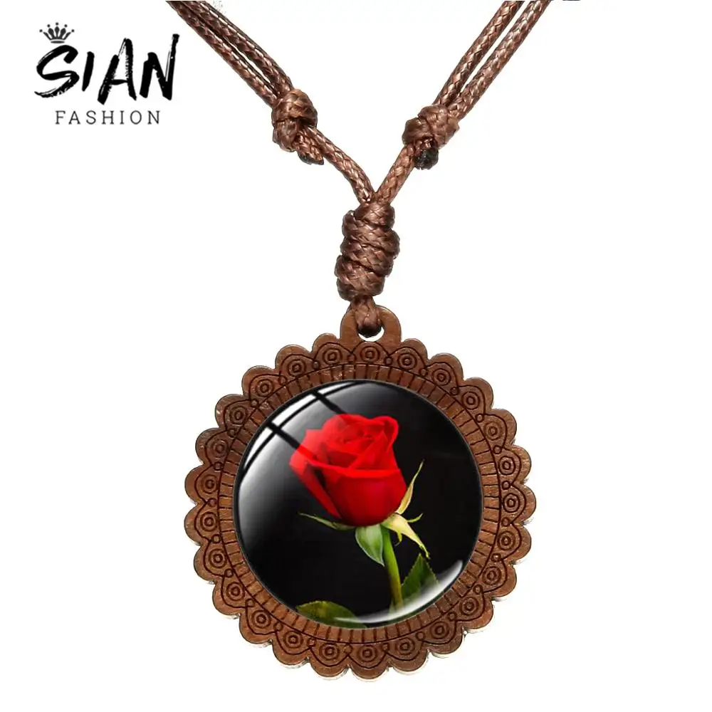 Азиатских Классический розового кулон деревянное ожерелье Роза цветок