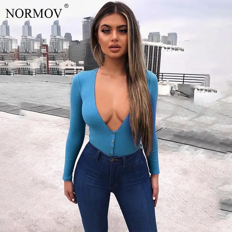 NORMOV сексуальный боди с глубоким v образным вырезом и длинным рукавом Женский