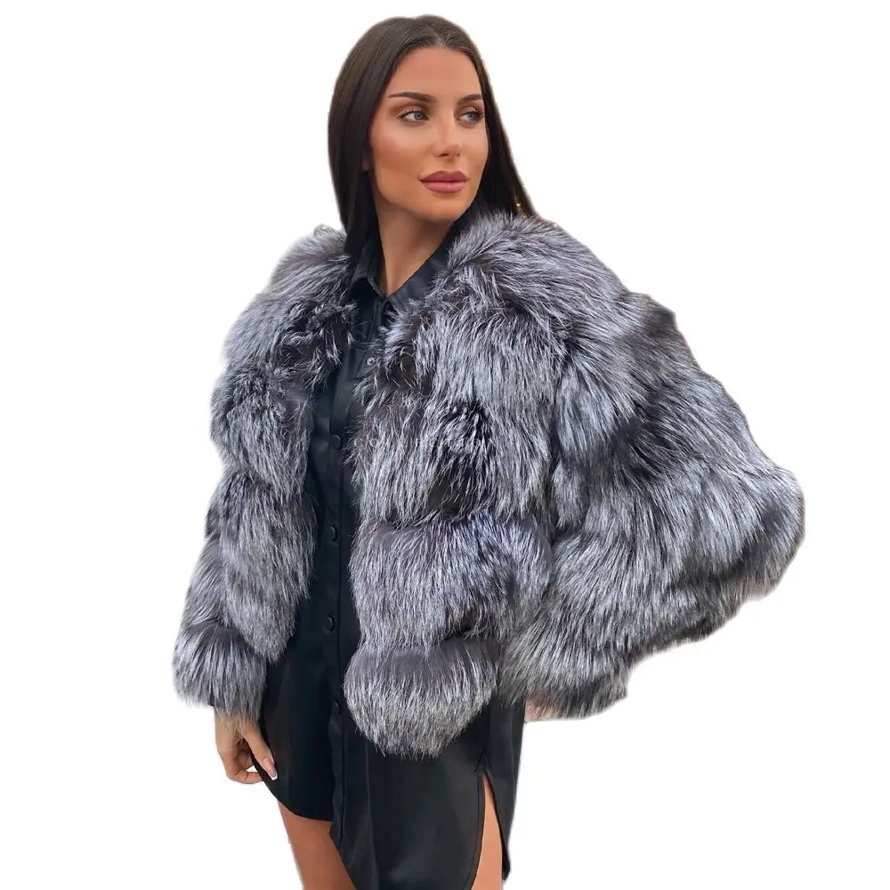 2022 Fashion Short Real Silver Fox Fur Jacket Round Collar Woman Winter New Genuine Whole Skin Silver Fox Fur Coat Luxury Woman enlarge