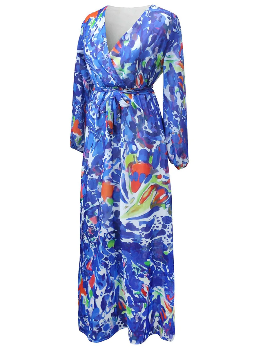 Женское длинное шифоновое платье с синим цветочным принтом Элегантное летнее