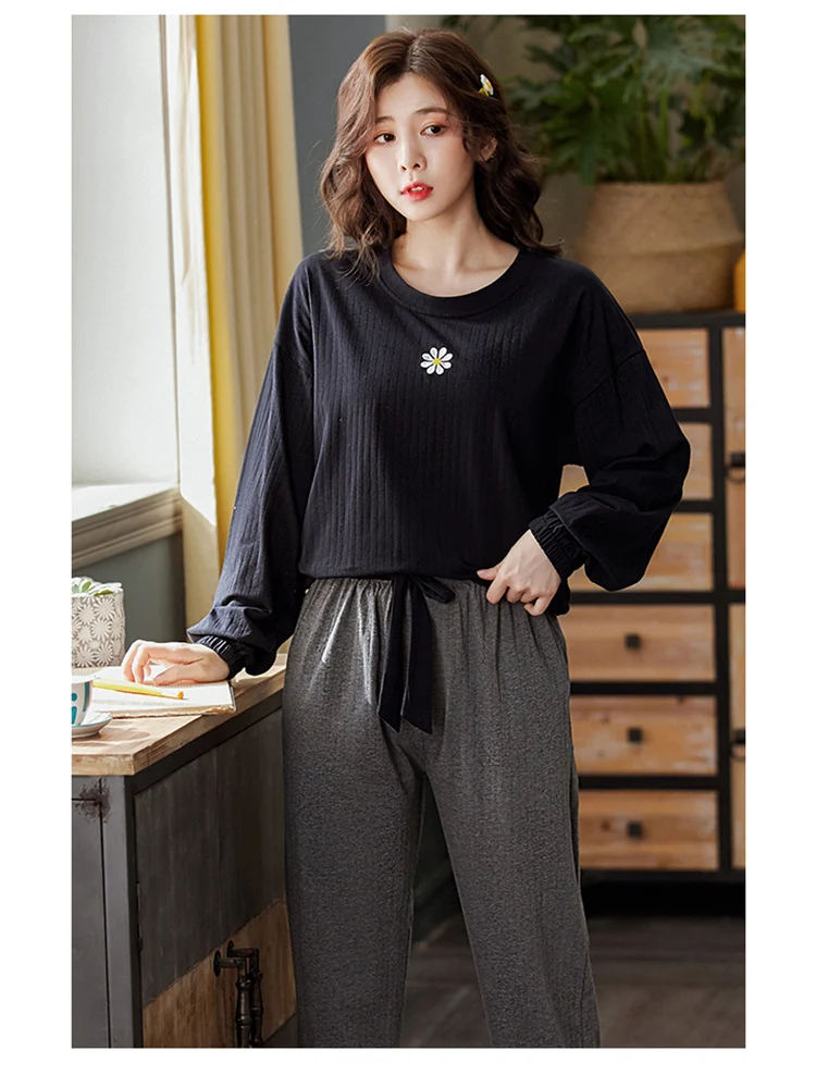 Пижама женская хлопковая с длинным рукавом и принтом маргариток 2 шт. | Женская