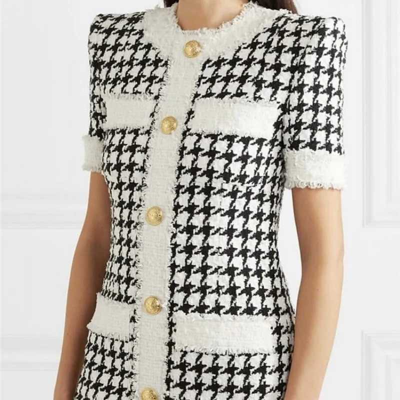 Женское твидовое платье в черно белую клетку Элегантное однобортное пуловер с