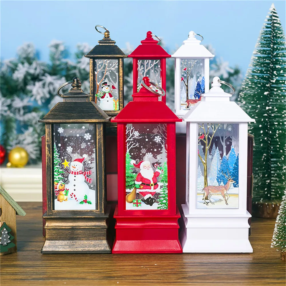 Christmas Vintage LED Lantern Santa Claus Snowman Castle Light Lamp Xmas Decoration Party Hanging Props Decor