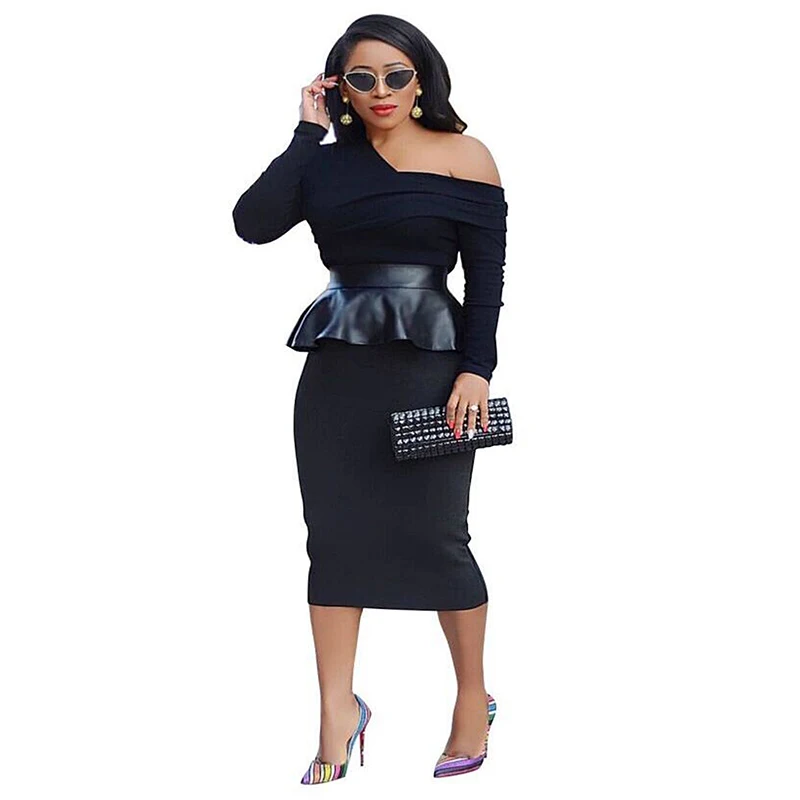 Платье-миди женское с длинным рукавом одним открытым плечом и баской | Женская