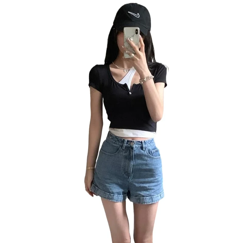 

Short Sleeve Solid Sexy Crop Tops Women Thin Slim T-shirt Females Casual Short Sleeve Streetwear Y2k Top Black Tees 2021 Summer