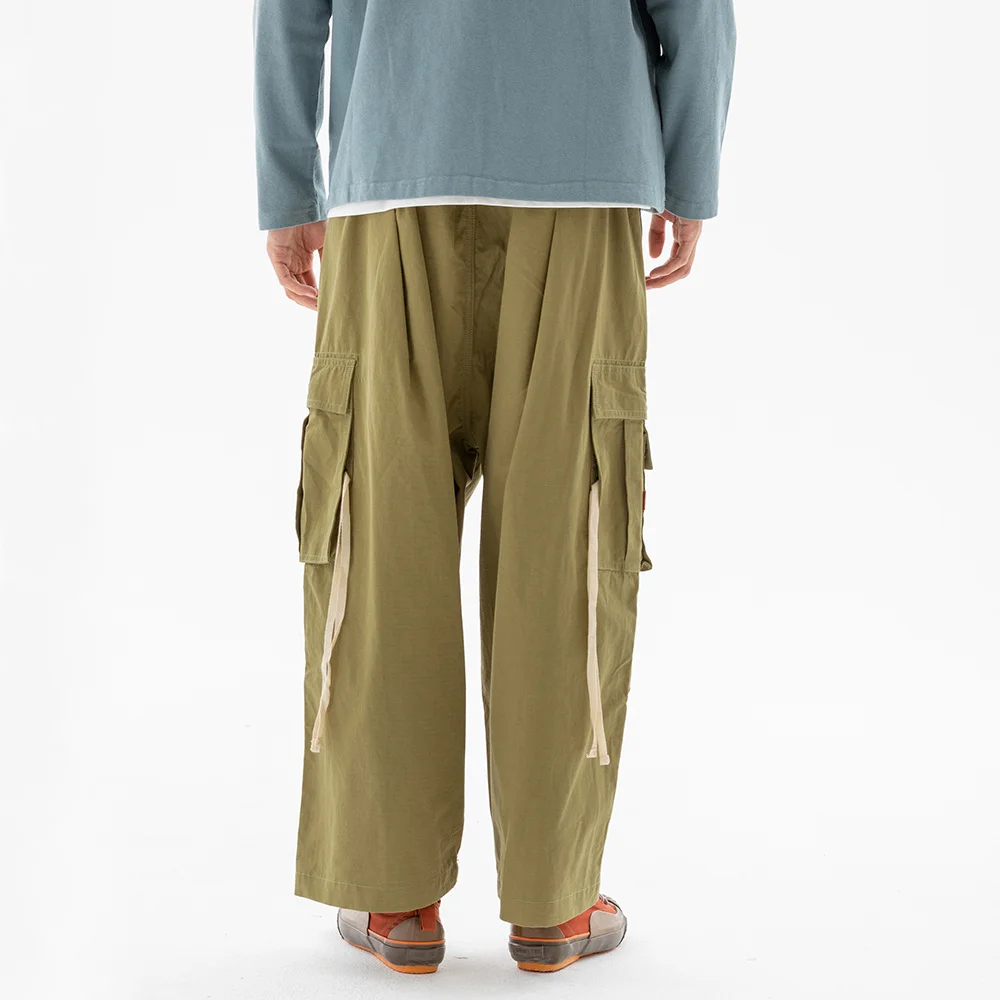 

Solid Color Multi-Pocket Cargo Pants Mens Amekaji Ribbon Wide Leg Pants Casual Baggy Trousers Men