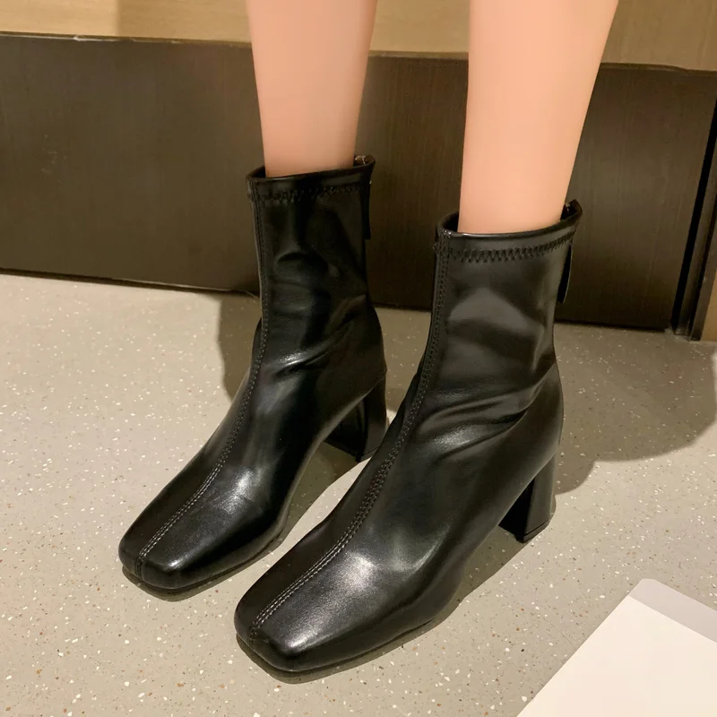 

2021 Women's High Heel Ankle Boots Fashion Square Toe Back Zipper Short Boots Solid Color Square Heel Chelsea Boots Women Winter