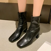 2021 womens high heel ankle boots fashion square toe back zipper short boots solid color square heel chelsea boots women winter