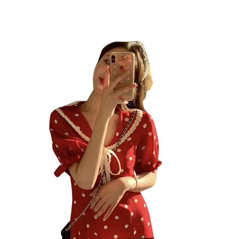 

New Style Summer Dress Sweet Lolita Red Skirt Retro Sexy V-Neck Short Sleeve Clothes Female Elegant Tea Party Costumes VO733