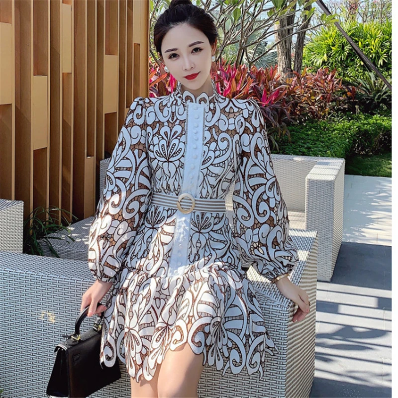 

Retro hollow lace spring and autumn women stand collar lantern sleeve floral embroidery dress high waist belt short dress