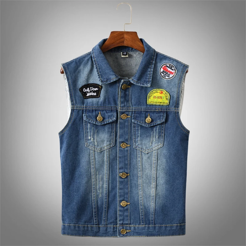 

British Fashion Streetwear Men Vest Retro Blue Patches Sleeveless Jackets Men Korean Style Hip Hop Biker Denim Vest Hombre