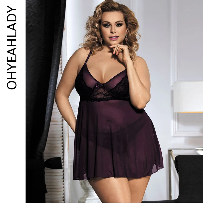 

Ohyeahlady Nuisette Femme Sexy Nightgown Purple Lace Nachtkleding Vrouwen Plus Size Mesh Night wear Sexy Woman Nightie Sleepwear
