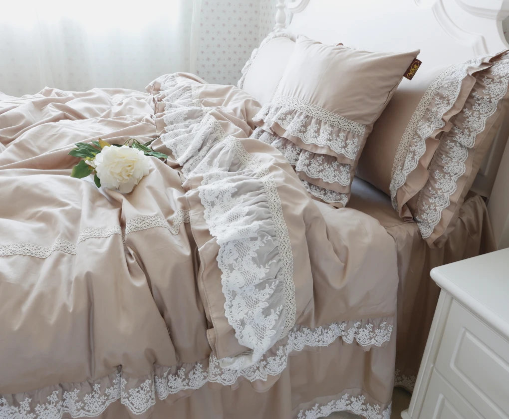 

Удивительный роскошный комплект постельного белья цвета хаки с вышивкой и оборками кружевной пододеяльник простыня покрывало для принцессы семейное белье