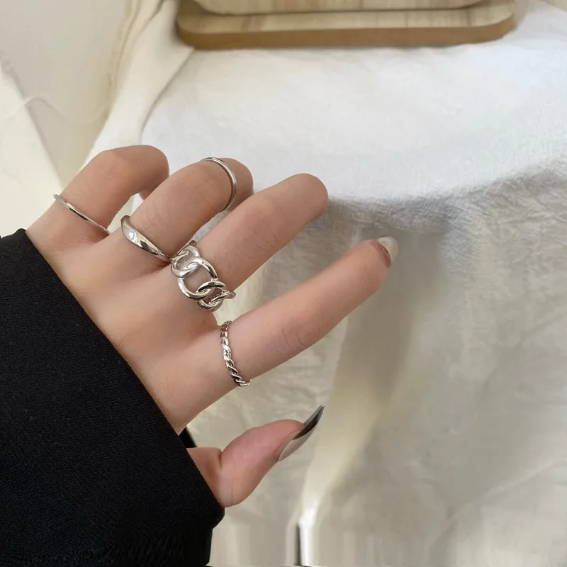 

5PCS Korean Fashion Chain Ring for Women Model Hollow Opening Simple Nuckle Rings Set Punk Trendy Jewelry Cool Girl New 2021
