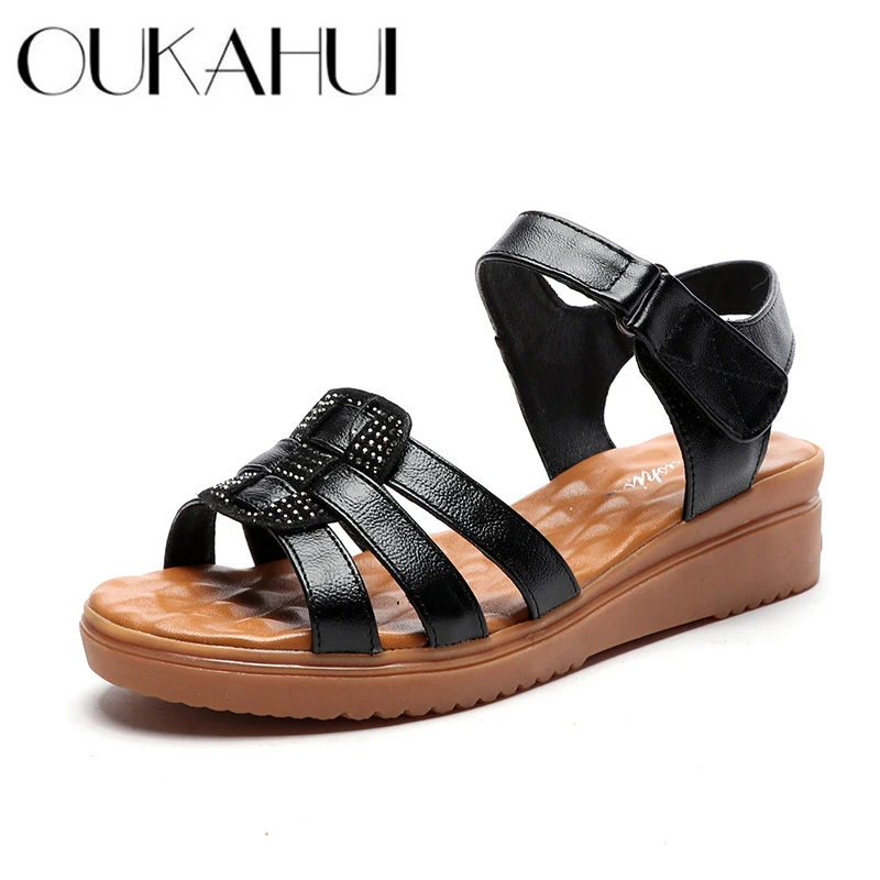 

OUKAHUI 2020 Genuine Leather Gladiator Sandals Women Shoes Summer Open Toe Hook And Loop Soft Bottom Ladies Flat Sandals Woman