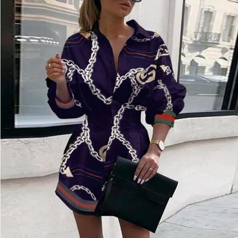 

Women Autumn Lantern Sleeve Shirt Dress 2021 Slim Waist Turn Down Collar Chain Print Long Sleeve Vestido Casual Button Dresses