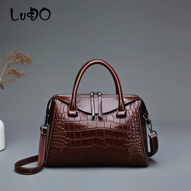 

LUCDO high quality PU Leather Large Capacity Totes Bag fashion Crocodile pattern shoulder messenger bags Vintage Crossbody bags