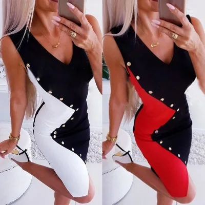 

Slim Fit Sleeveless Contrasting Color Sexy V-Neck Tight Dress for Women's Metallic Embellished Pullover Dress Plus Size Summer
