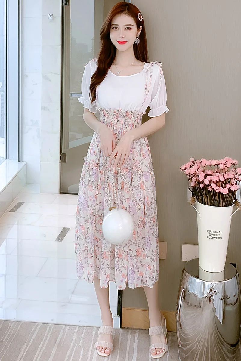 

COIGARSAM French Style Floral Print Women Long dress Chiffon Dresses 8312