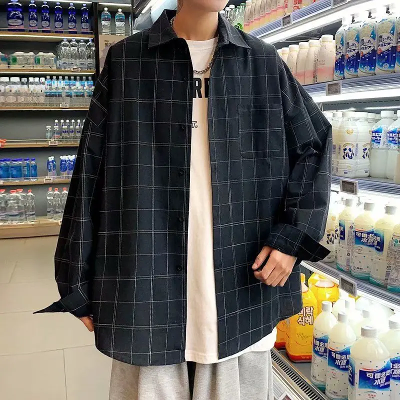 

2021 spring autumn long-sleeved Best plaid shirt men's trend loose casual Korean handsome gray top Free shipping