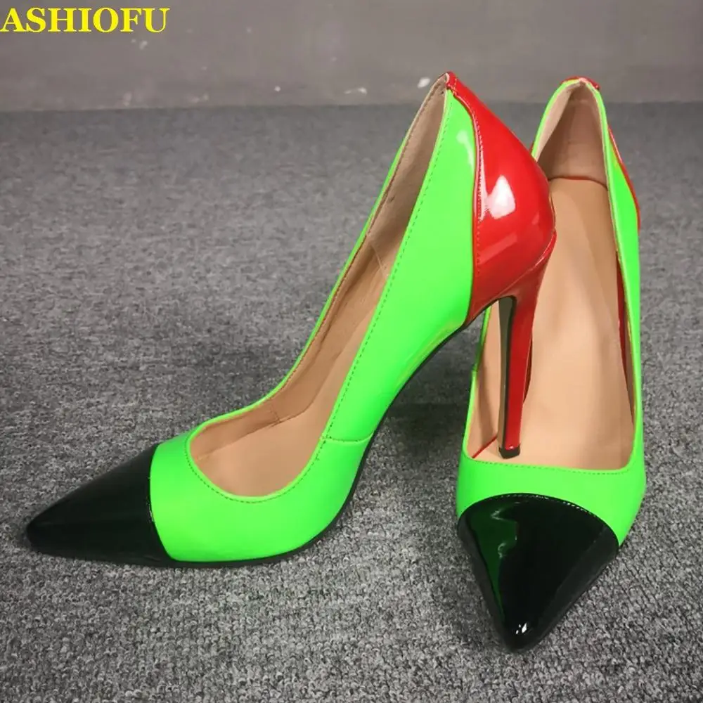 

ASHIOFU Handmade Ladies High Heel Pumps Patchwork Leather Real Photos Party Dress Shoes Slip-on Evening Fashion Court Shoes
