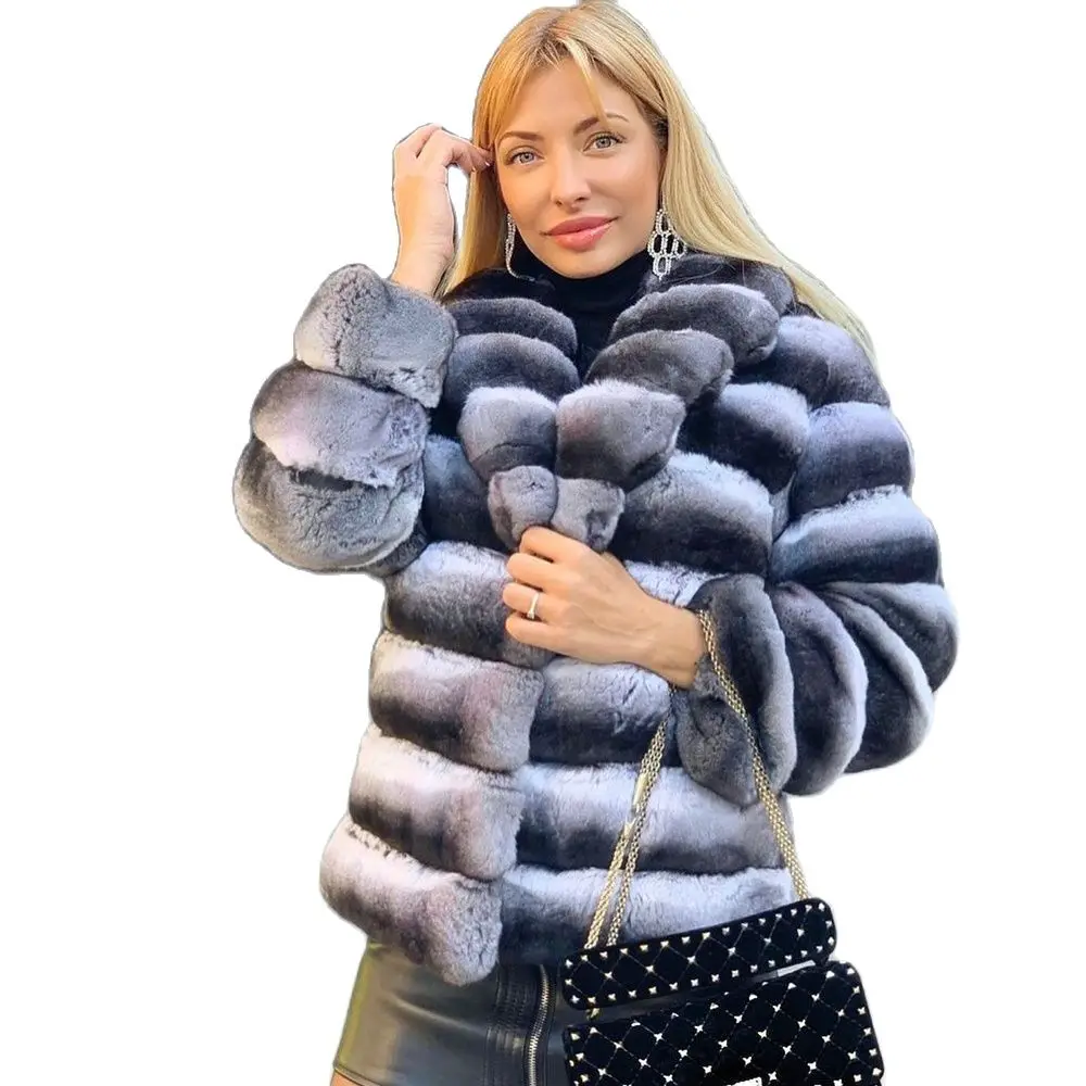 2022 New Winter Real Rex Rabbit Fur Coat with Lapel Collar Natural Chinchilla Color Genuine Rex Rabbit Fur Jacket Thick Overcoat