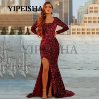 square collar glittery mermaid evening dresses long sleeve front high split sequined prom gown robes de soir%c3%a9e %d9%81%d8%b3%d8%a7%d8%aa%d9%8a%d9%86 %d8%a7%d9%84%d8%b3%d9%87%d8%b1%d8%a9