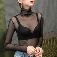 women mesh t shirt turtleneck solid color lady tees long sleeve autumn winter womens clothing all match female t shirts