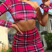 vintage y2k plaid print casual two piece set sexy one shoulder long sleeve crop top skirt matching sets club outfits spring 2021