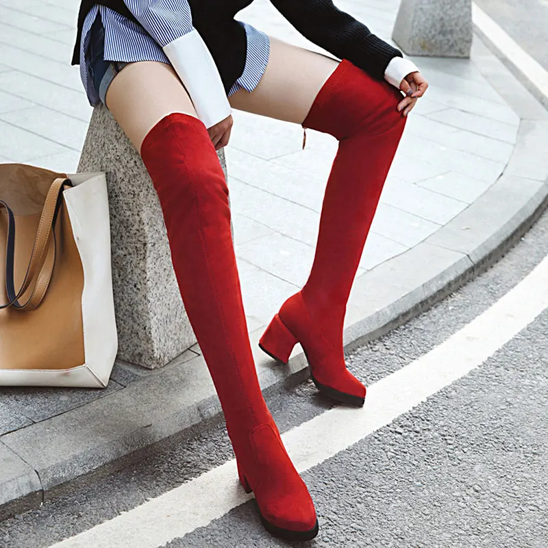 Красный Sgesvier/однотонная обувь из флока на высоком каблуке женские сапоги выше колена Осень-зима женские модные эластичные сапоги с круглым носком Элегантные G742 - Цвет: Красный