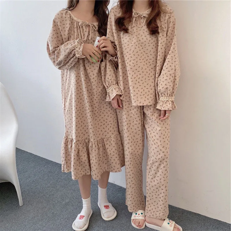 Early Autumn 2021 New Frosted Floral Long Sleeve Housewear Suit Lace Nightwear Patchwork Women's Pajamas Set Female Sleepwear