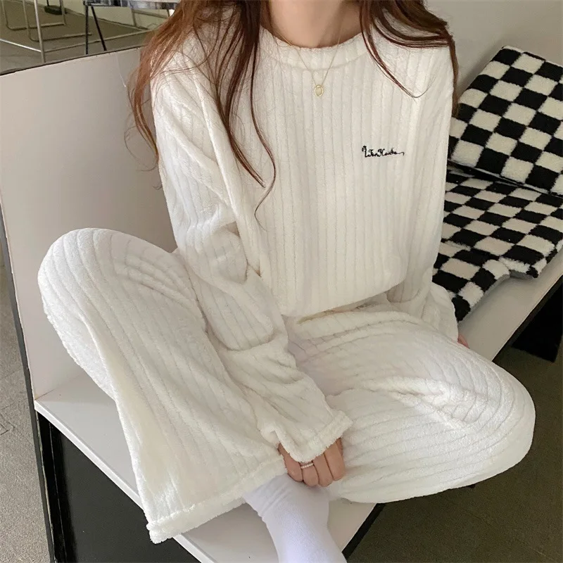 

Suit vertical stripes casual home wear pajamas coral fleece warm suit