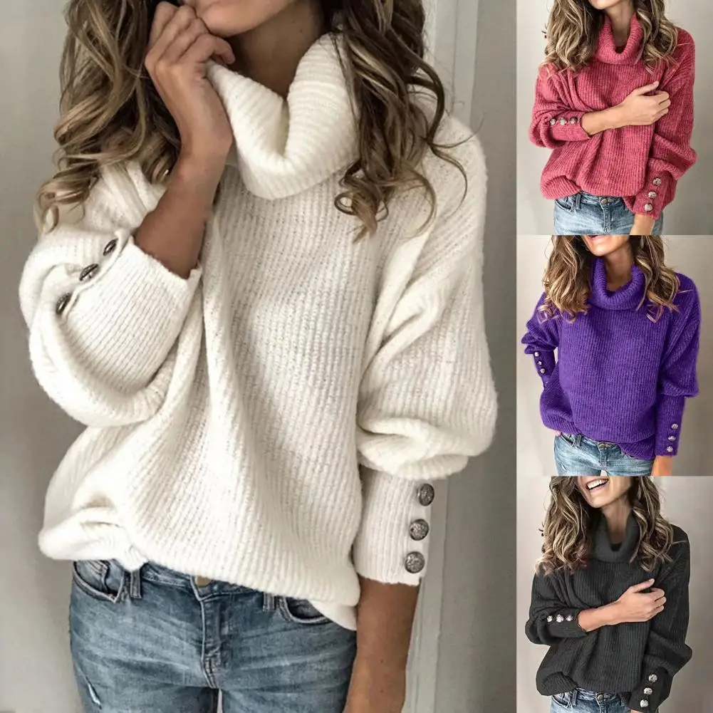 

Autumn Winter Women Sweaters Elegant Solid Color Long Sleeve Knitted Sweater Turtleneck Buttons Cuff Women Pullover Clothing 3XL