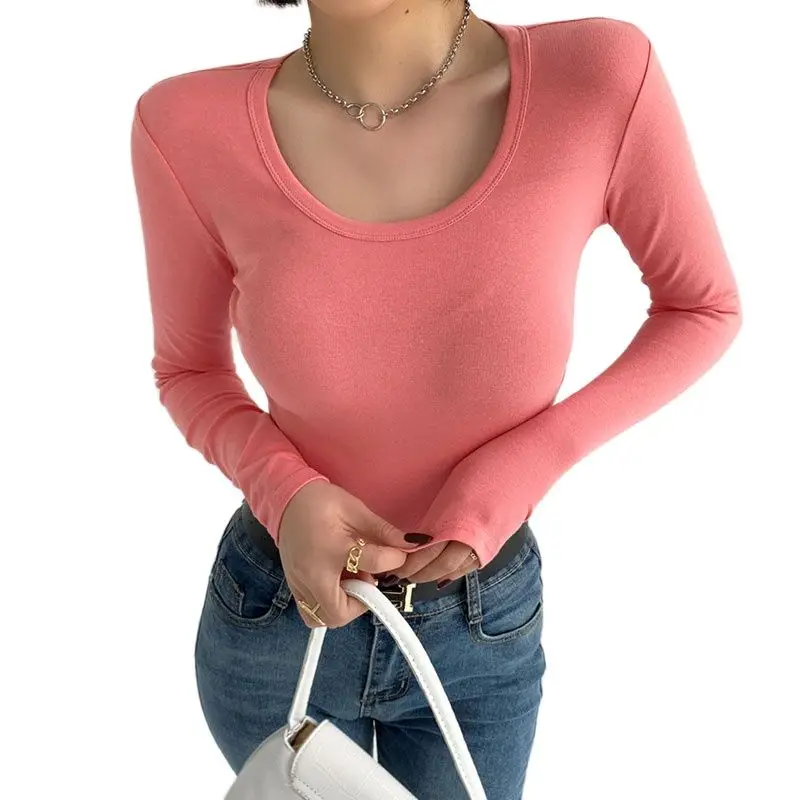

All-match casual T-shirt 2021 autumn pure cotton bottoming shirt Slim slimming revealing clavicle top Fashion women's clothing