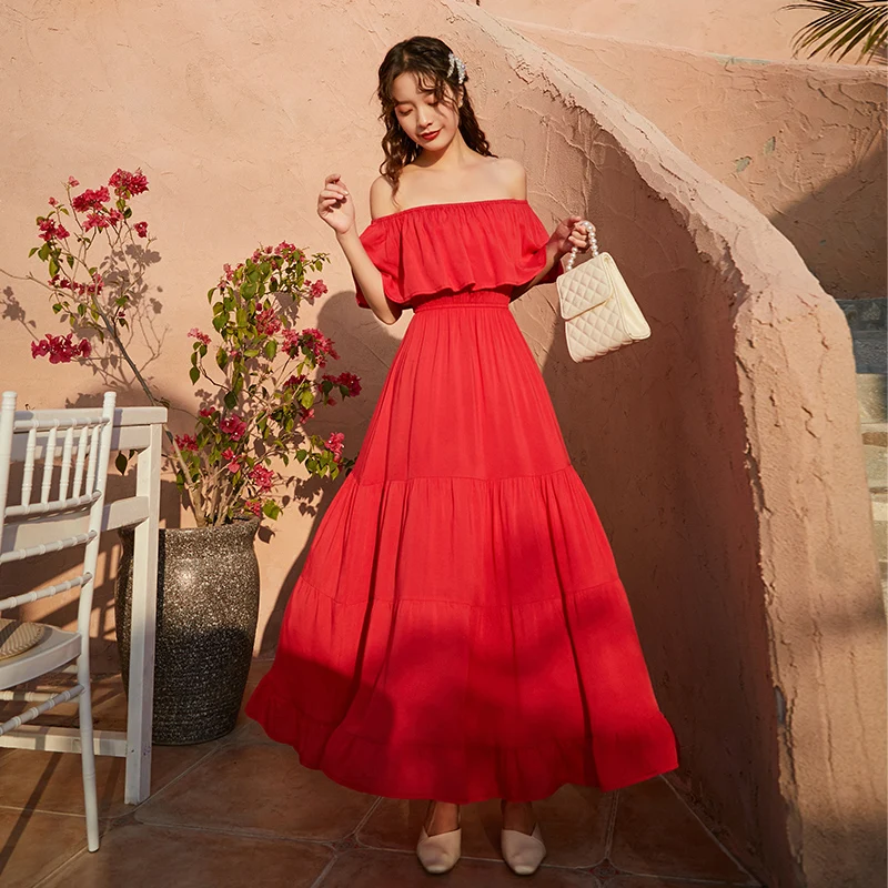 

Tropical Beach Sundress Runway 2021 3 Colors Red Yellow White Long Women Cotton Dress Summer Elegant Maxi Party Vacation Dresses